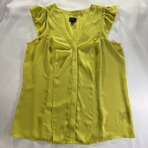 Worthington Womens Large Chartreuse Flutter Sleeve Button Blouse Yellow Green